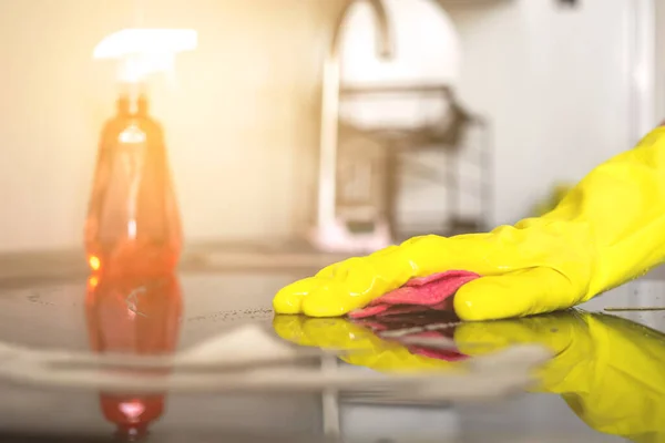 Cleaning Spray Detergent Rubber Gloves Dish Cloth Work Surface Kitchen — Stock Photo, Image