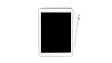 Tablet pc boş model şablonu kalem ile, beyaz arkaplan fotoğrafında izole