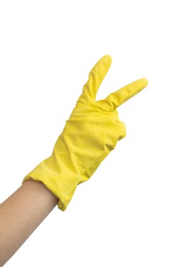 El, sarı lastik eldiven, jest, beyaz arka plan fotoğrafı izole