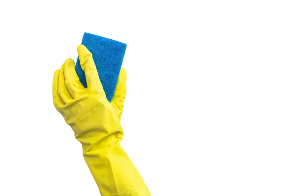 Рука Жёлтой Резиновой Перчатке Мочалкой Изолированной Белом Фоне — стоковое фото