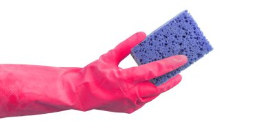 Yıkanmak için el ele tutuşan sünger, beyaz arka planda izole edilmiş. 