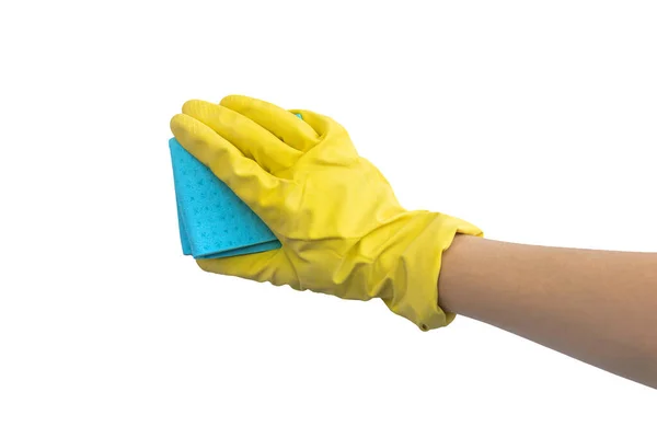Hand Hand Gelben Handschuh Mit Lappen Isoliert Auf Weißem Hintergrund — Stockfoto