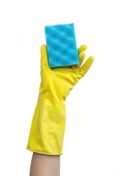 Hand Rubber Glove Cleaning Surface Sponge Isolated White Background Photo — Stock Photo, Image