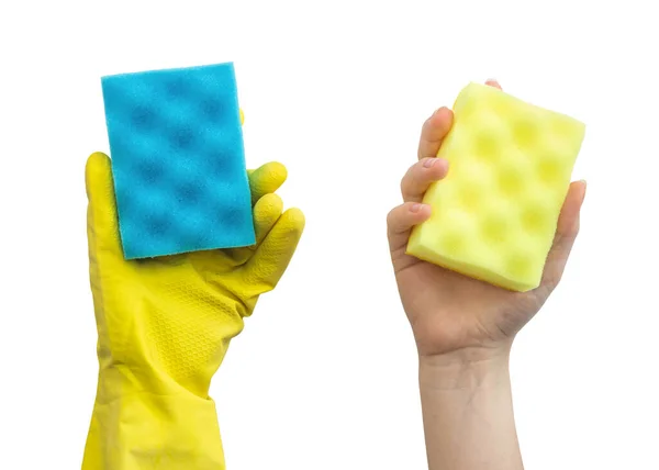 Ręka Rękawiczce Gąbką Kuchenną Czyszczenia Porównaniu Dłoni Bez Gumowej Rękawiczki — Zdjęcie stockowe