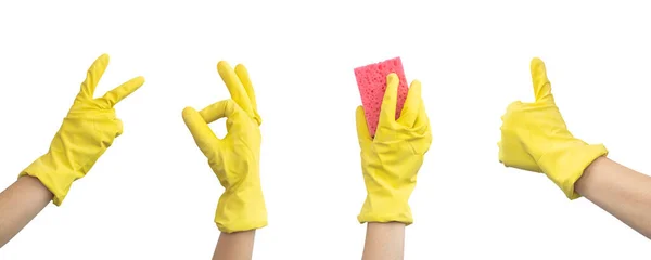 Cleaning Concept Banner Hand Rubber Glove Making Different Gestures Isolated — Stock Photo, Image