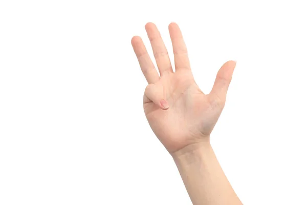 白い背景に隔離された若い女性の手を閉じて何かを数える手のジェスチャー — ストック写真