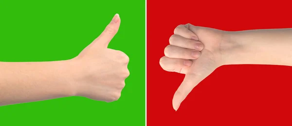 Thumb up and down, like and dislike sign by hand on green and red background, banner photo — Stock Photo, Image