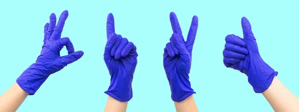 Conjunto Guantes Goma Médica Con Pancarta Gestos Mano Diseño Collage — Foto de Stock