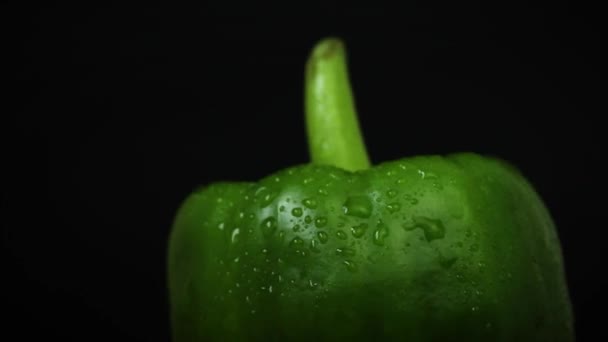 Green Sweet Pepper Droplets Close Black Background Rotating — Stock Video