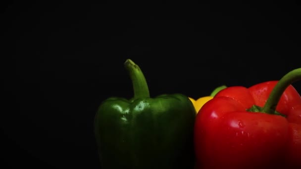 Wet Sweet Pepper Fresh Vegetables Rotating Black Background — Stock Video