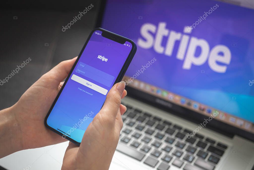 Kharkov, Ukraine - August 25, 2021: Stripe app logo on mobile phone screen, stock image