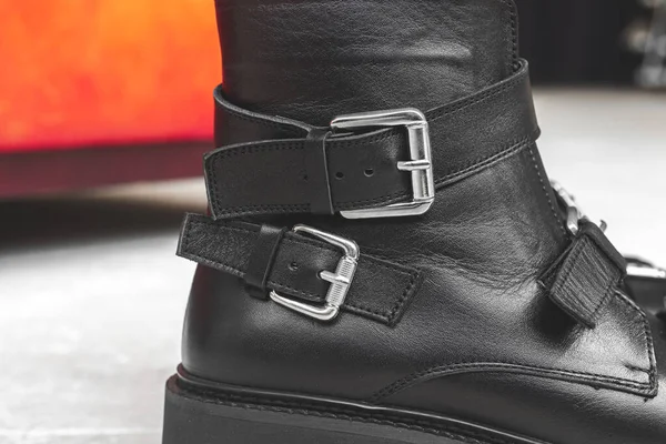 Black Leather Obuv Close Textil Details Boots Design Concept — Stock fotografie