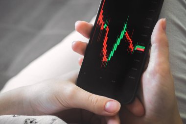 Cep telefonu için çevrimiçi borsa yazılımı. Finansal grafikleri olan bir ekran. Yatırım ve değişim geçmişi 