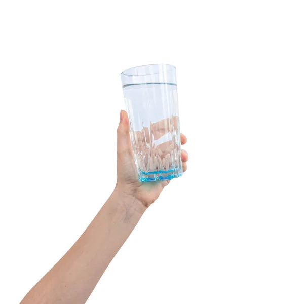 白い背景に孤立した水のガラス 淡水のガラスと手 — ストック写真