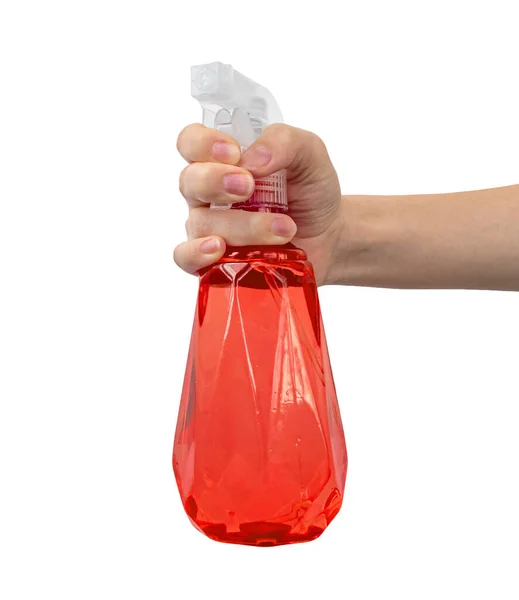 Hand Med Röd Sprayflaska Med Vatten Isolerad Ahite Bakgrund — Stockfoto