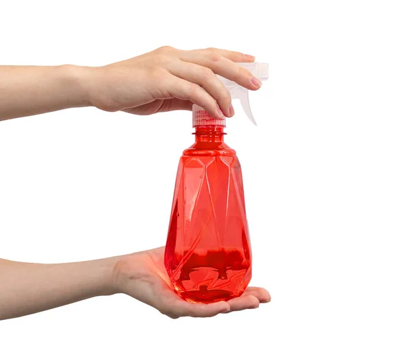 Vatten Sprayflaska Handen Isolerad Vit Bakgrund — Stockfoto