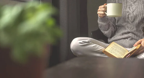 Літня Жінка Чашкою Чаю Читає Книгу Сидячи Вдома Холодну Зимову — стокове фото