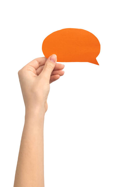 Oval speech bubble in female hand, isolated on a white background. Text message, giving feedback concept 