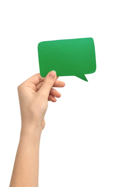 Blanco Groene Spraakbel Vrouwelijke Hand Geïsoleerd Een Witte Achtergrond Sms — Stockfoto
