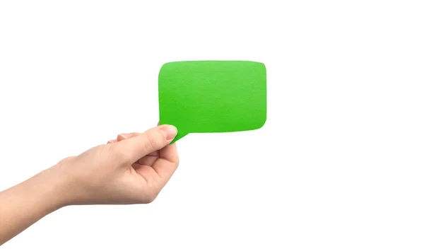 Green Speech Bubble Hand Isolated White Background Giving Feedback Communication — Stock Photo, Image