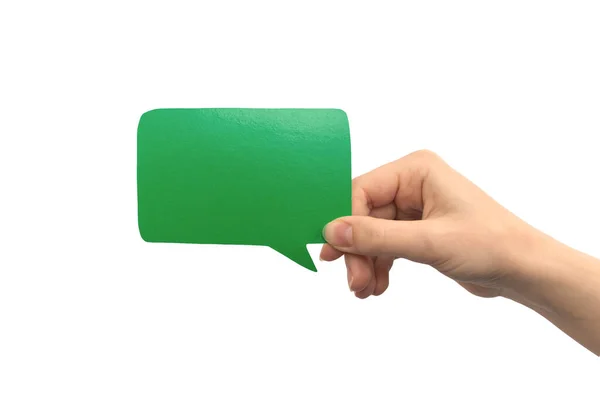 Groene Spraakbel Hand Geïsoleerd Een Witte Achtergrond Feedback Geven Communicatieconcept — Stockfoto
