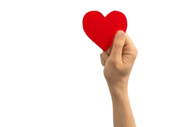 Dünya Akıl Sağlığı Günü konsepti. El ele tutuşan kırmızı kalp, beyaz arka planda izole edilmiş. Boşluğu kopyala