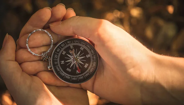 Woman Hands Compass Forest Close View — Stock Photo, Image
