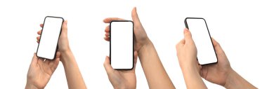 Beyaz arkaplan, kopyalama alanı, kırpma yolu, pankart üzerinde el ile akıllı telefon modelleme ekranı seti