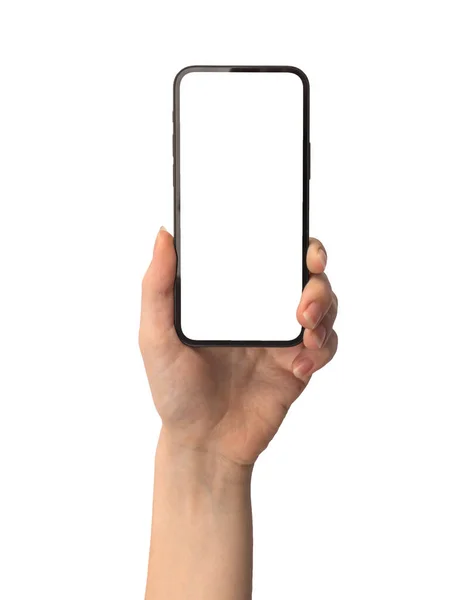 Mobilní Telefon Mockup Obrazovka Ženské Ruce Izolované Bílém Pozadí — Stock fotografie