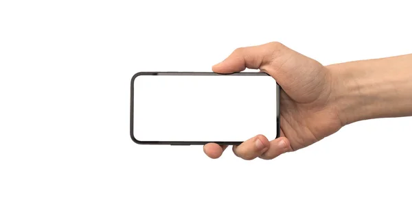 Uomo Con Schermo Mockup Del Telefono Cellulare Isolato Orizzontalmente Uno — Foto Stock