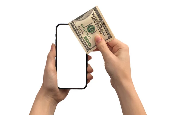 ドルのお金と携帯電話での金融支払い 白い画面のモックアップ 白い背景に隔離された暗号通貨コインで手 — ストック写真