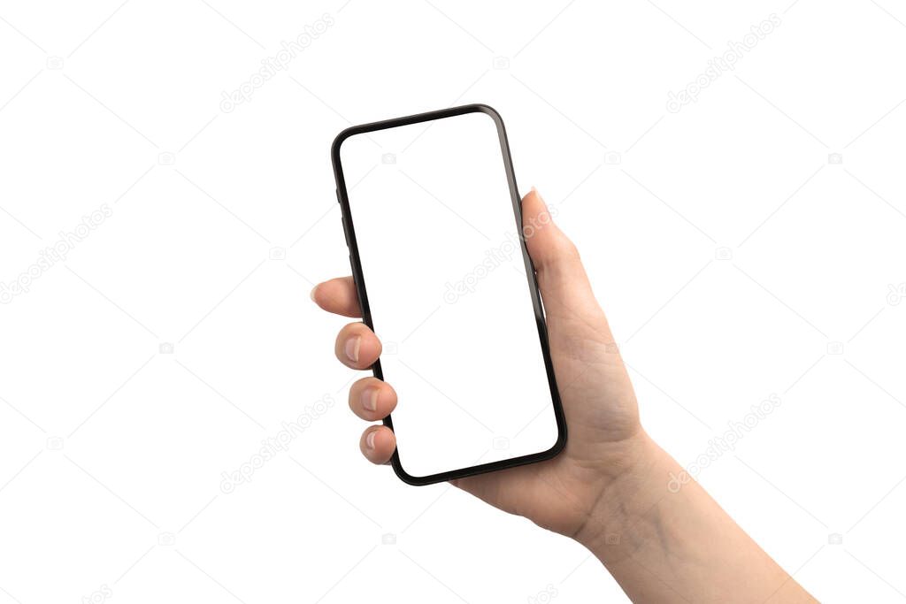 Hand with mobile phone mockup screen isolated on a white background photo