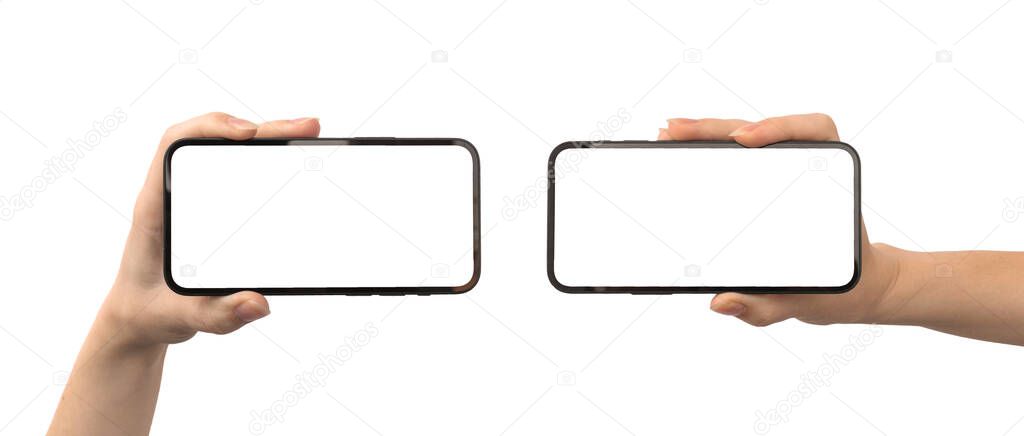 Horizontally screen mockup, hand with mobile phone template, banner isolated on a white background