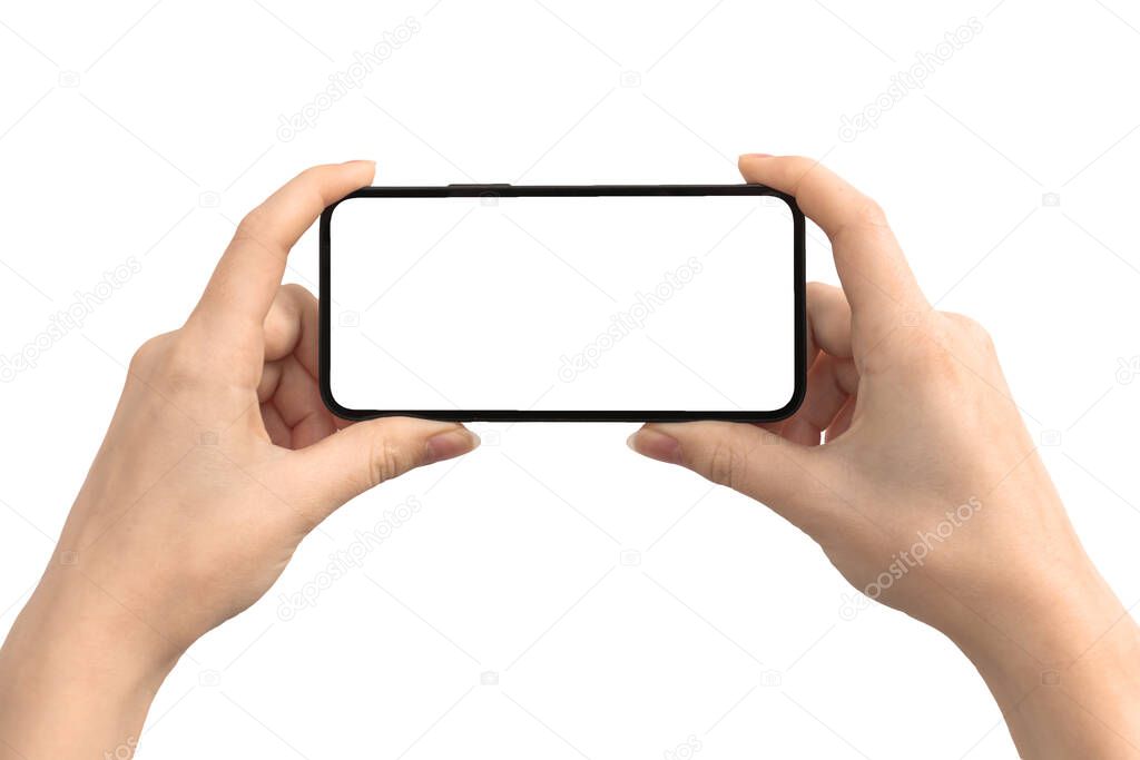 Hands with horizontally screen mockup isolated on a white background, mobile phone photo