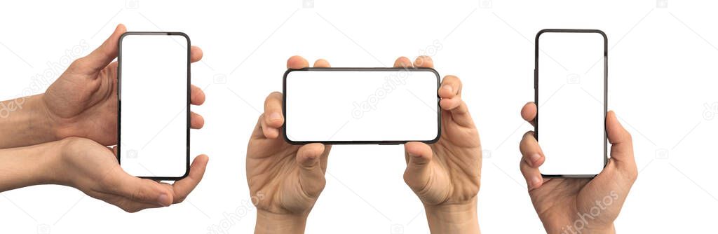 Set of mobile phone mockups in two rotated perspective positions, hand with smartphone isolated on a white background banner 