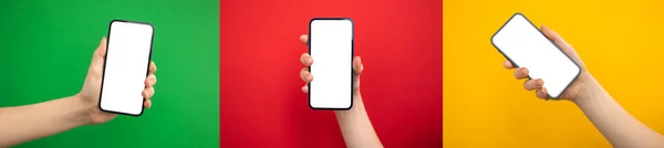 Ręka Telefonem Komórkowym Makieta Jasnych Kolorowych Tłach Zestaw Zdjęć Kopiowanie — Zdjęcie stockowe
