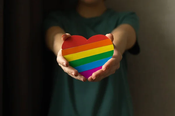 Drapeau Lgbt Mains Avec Cœur Aux Couleurs Arc Ciel Symbole — Photo