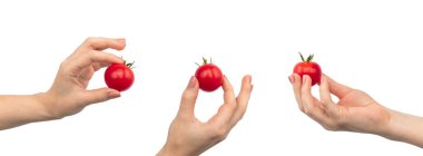 Beyaz arka plan, pankart tasarımı, set ve kolaj üzerine izole edilmiş kırmızı kiraz domatesleri.