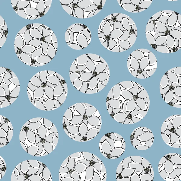 Círculos florales vectoriales en gris blanco sobre fondo azul sin costuras patrón de repetición. Fondo para textiles, tarjetas, fabricación, fondos de pantalla, impresión, envoltura de regalo y scrapbooking. — Archivo Imágenes Vectoriales