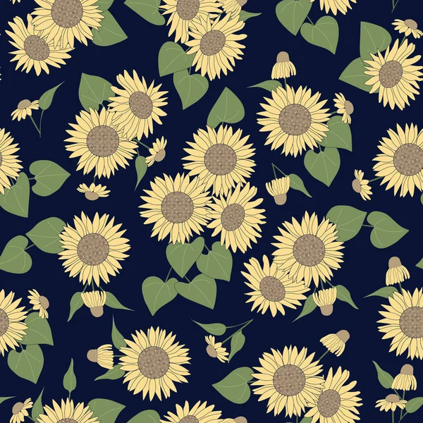 Vector Yellow Sunflowers Coneflowers with Green Leaves Arrangement on Navy Blue Background Seamless Repeat Pattern. Hintergrund für Textilien, Karten, Fertigung, Tapeten, Druck, Geschenkpapier und — Stockvektor