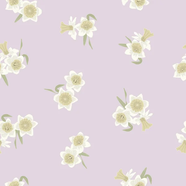 Vector Daffodil Flores en Amarillo Beige Verde Dispersión sobre Fondo Rosa Inconsútil Repetir Patrón. Fondo para textiles, tarjetas, fabricación, fondos de pantalla, impresión, envoltura de regalo y scrapbooking. — Archivo Imágenes Vectoriales