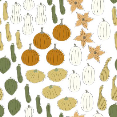 Vektör Sebzeler Kabak Kabakları Turuncu Yeşil Sarı Beyaz Dağıtılmış Beyaz Kusursuz Tekrarlama Şablonu. Tekstil, kartlar, imalat, duvar kağıtları, baskı, hediye paketi ve yapıştırma kitabı için arkaplan.
