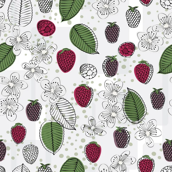 Vector lila und rosa Beeren, grüne Blätter und weiße Blüten auf weißem Hintergrund wiederholen sich nahtlos. Hintergrund für Textilien, Karten, Fertigung, Tapeten, Druck, Geschenkpapier und Scrapbooking. — Stockvektor