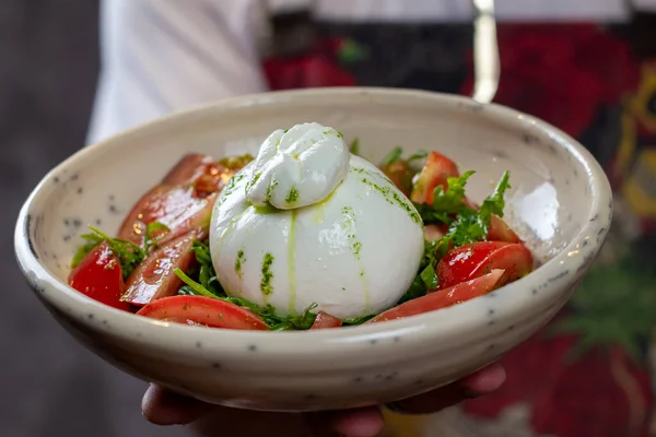 Domates ve pesto ile servis edilen İtalyan beyaz burrata peynirli salata. Sağlıklı, lezzetli yemekler. Diyet, tatiller, tarif konsepti. Seçici odak