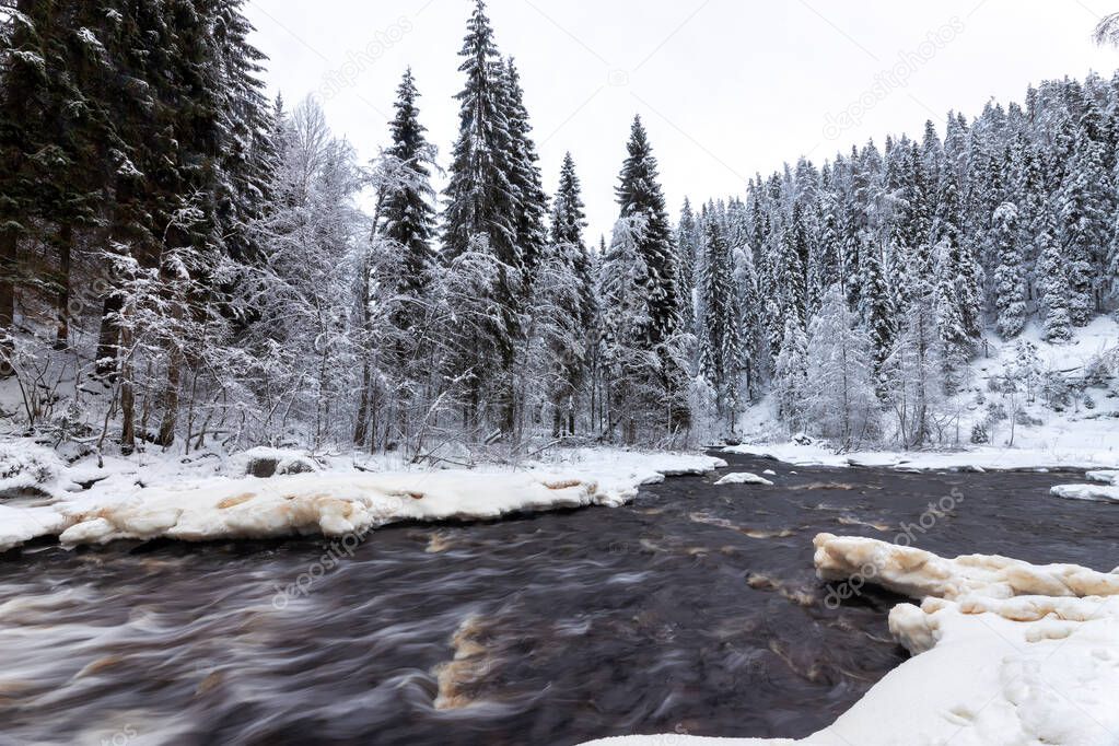 Forest winter landscape with mountain river. Yukankoski waterfall (White Bridges), Kulismayoki river, Russia, Karelia