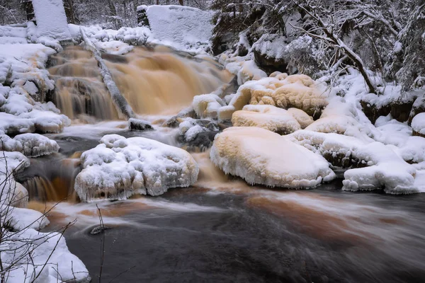Winter Landscape Forest River Waterfall Prokinkoski Ruins Old Finnish Dam — Stock Photo, Image