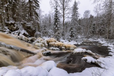 Orman nehri ile kış manzarası. Prokinkoski Şelalesi. Eski Finlandiya barajının kalıntıları, 1922. Khikhniyoki Nehri, Karelia Cumhuriyeti, Rusya