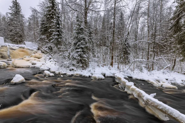 Paysage Hivernal Avec Rivière Forestière Cascade Prokinkoski Ruines Ancien Barrage — Photo