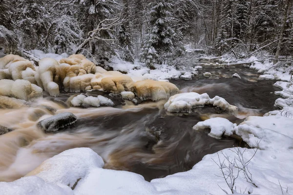 森林川と冬の風景 氷で覆われた木の幹が滝の流れにある 滝Prokinkoski 1922年の古いフィンランドのダムの遺跡 Khikhniyoki川 Republic Karelia Russia — ストック写真