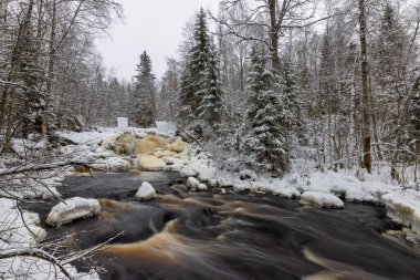 Orman nehri ile kış manzarası. Bir şelalenin deresinde buzla kaplı bir ağaç gövdesi yatıyor. Prokinkoski Şelalesi. Eski Finlandiya barajının kalıntıları, 1922. .Khikhniyoki nehri, Karelia Cumhuriyeti, Rusya